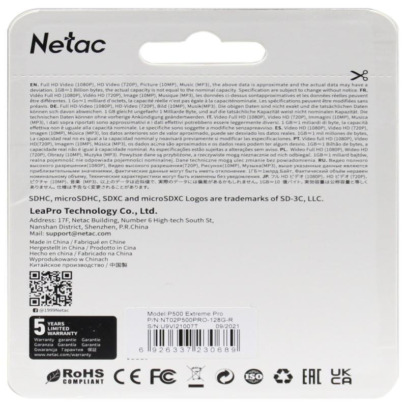 Netac 128 GB V30/A1/C10 NT02P500PRO-128G-R MicroSDXC Kart