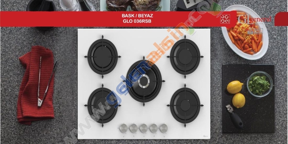 Gl General GLO 036RSB Bask Beyaz 75cm 5G Wok Cam Ankastre Ocak