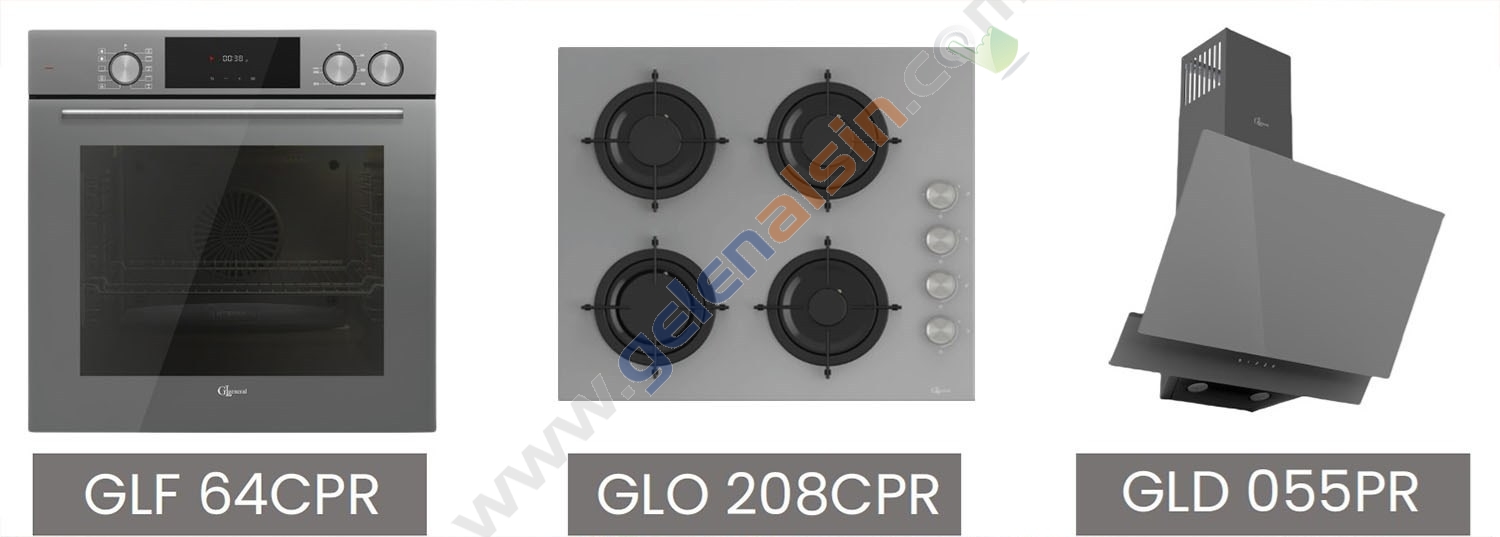 GL General Azure Gri Ankastre Set (GLD055PR-GLO208CPR-GLF64CPR) Buhar Destekli