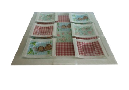Çay Takımı Cam Baykuşlu-(Tepsi 40X30CM ve 6 ADET 10X10CM Çay Tabağı)