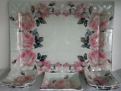 Çay Takımı Cam Pembe Güllü