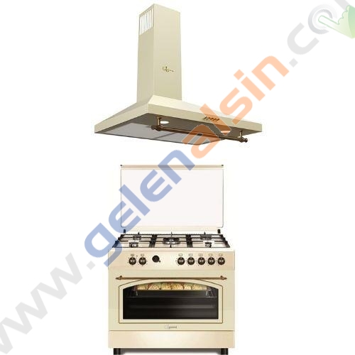 GL General Rustik Krem Set 90cm Piliç Çevirme(GLF 9050RKP Desire 90 Kuzine Fırın-GLD 040RK Davlumbaz)