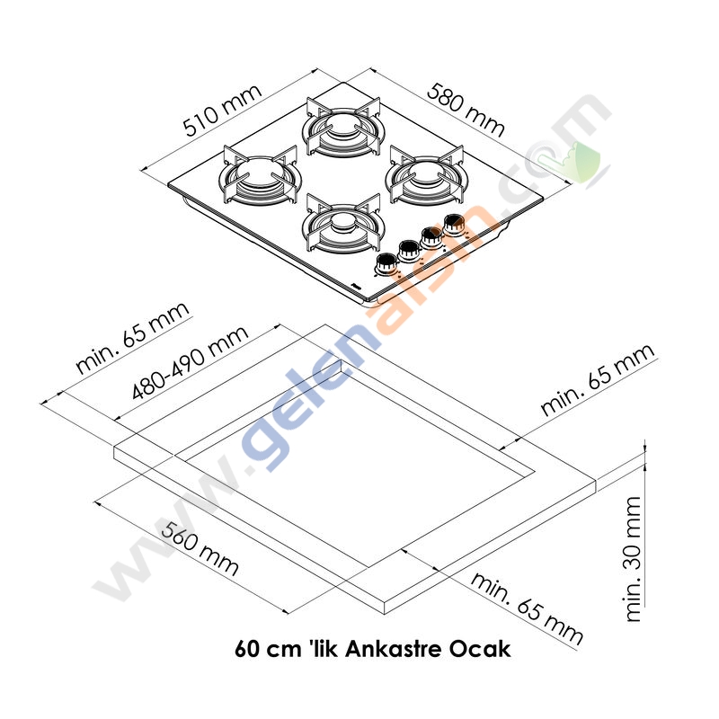GL General Azure Gri Ankastre Set (GLD055PR-GLO208CPR-GLF64CPR) Buhar Destekli