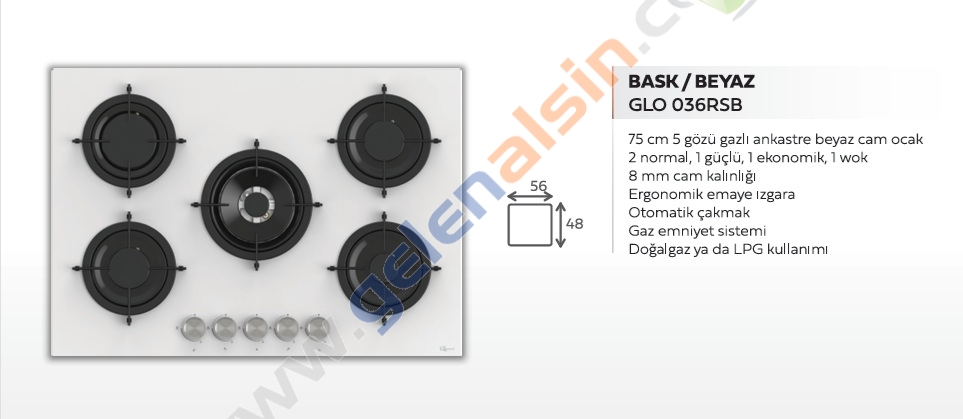 Gl General GLO 036RSB Bask Beyaz 75cm 5G Wok Cam Ankastre Ocak
