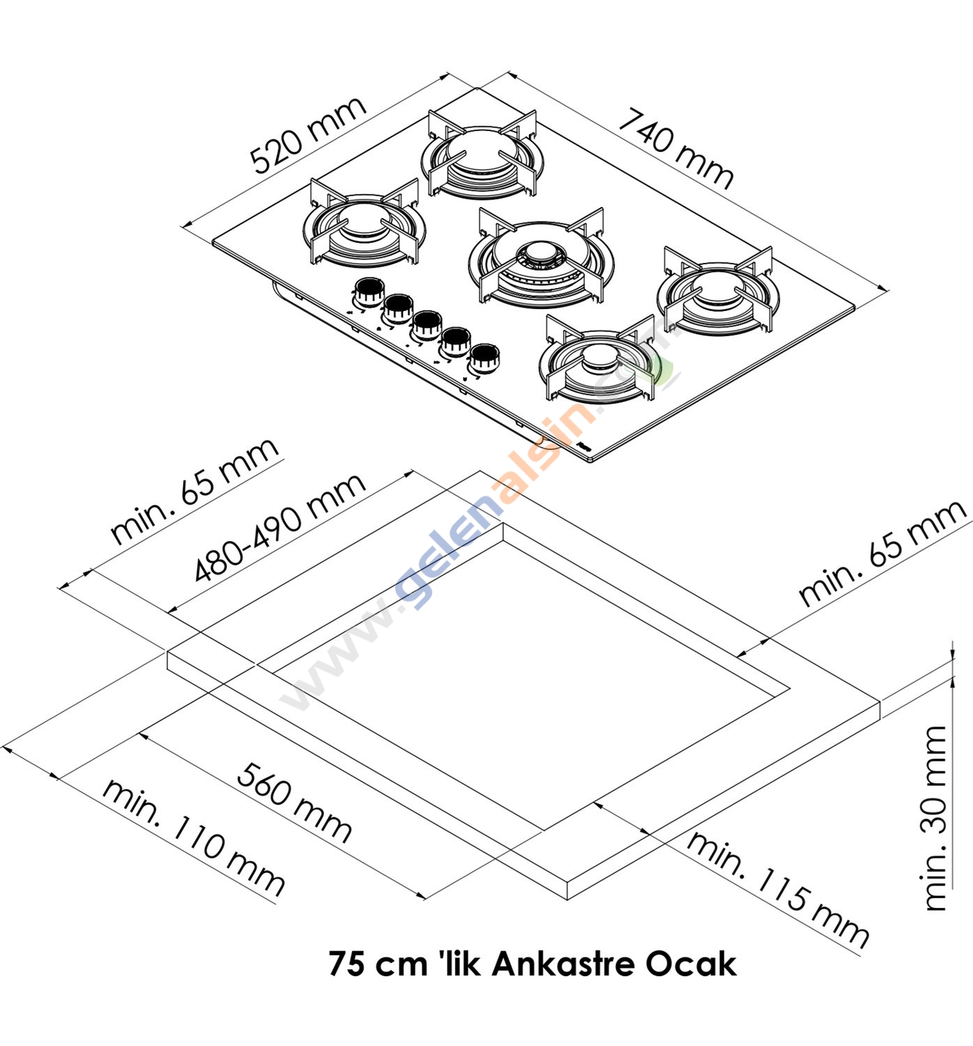 Gl General GLO 036RSB Bask Beyaz 75cm 5G Wok Cam Ankastre Ocak