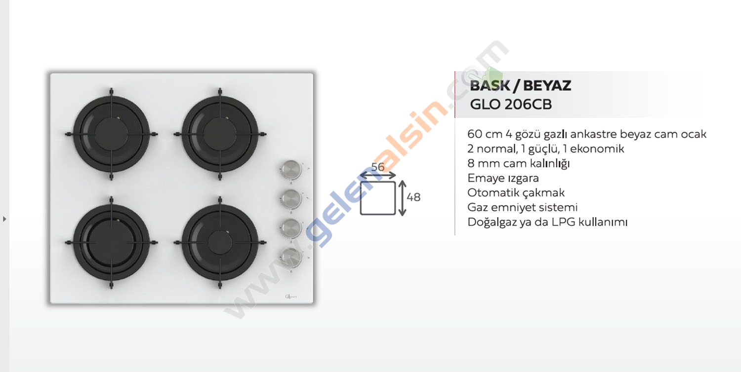 Gl General GLO 206CB Bask Beyaz 60cm 4G Cam Ankastre Ocak