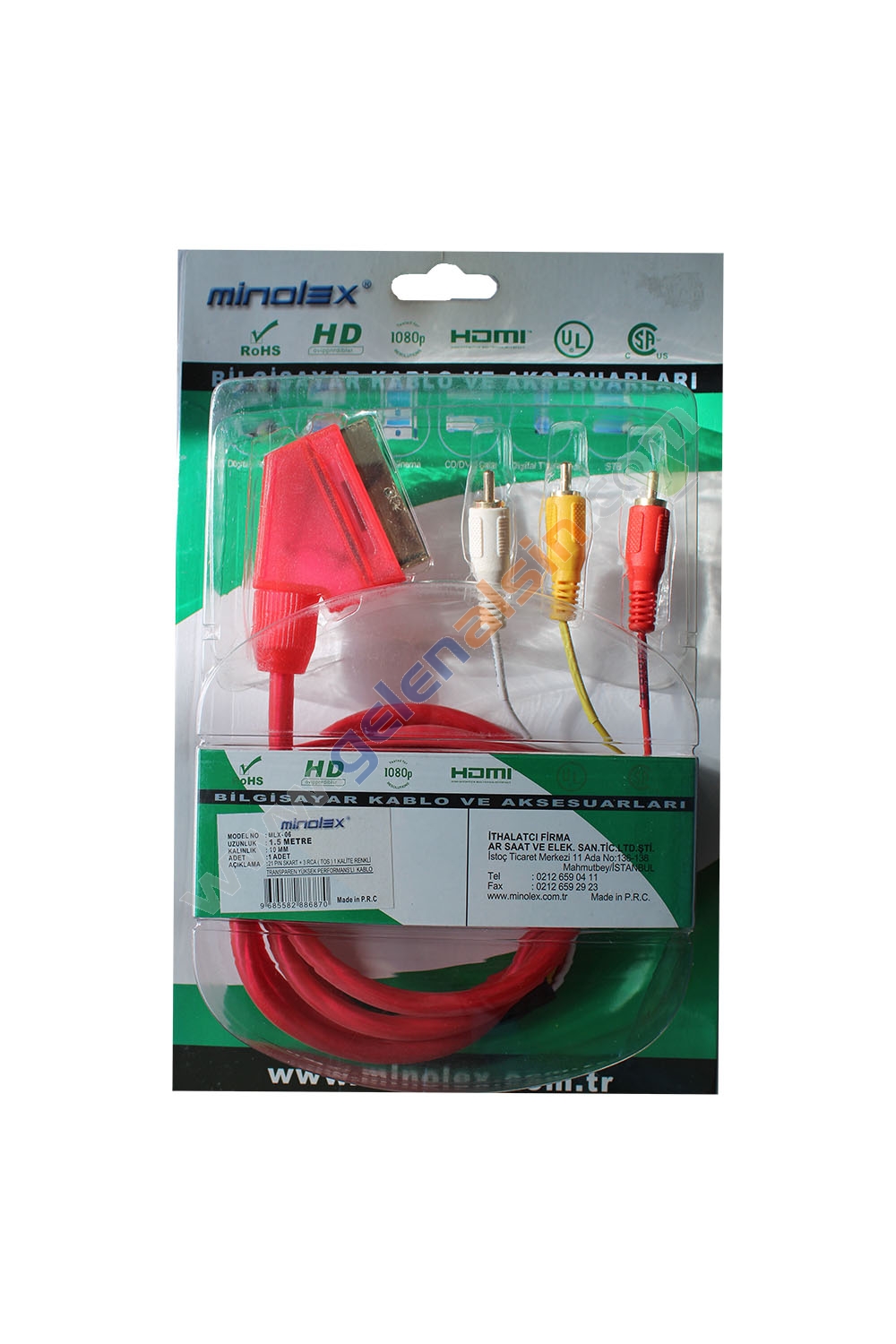 Minolex MLX-06 10MM 21PIN SKART TO 3 RCA 1.5 METRE KABLO