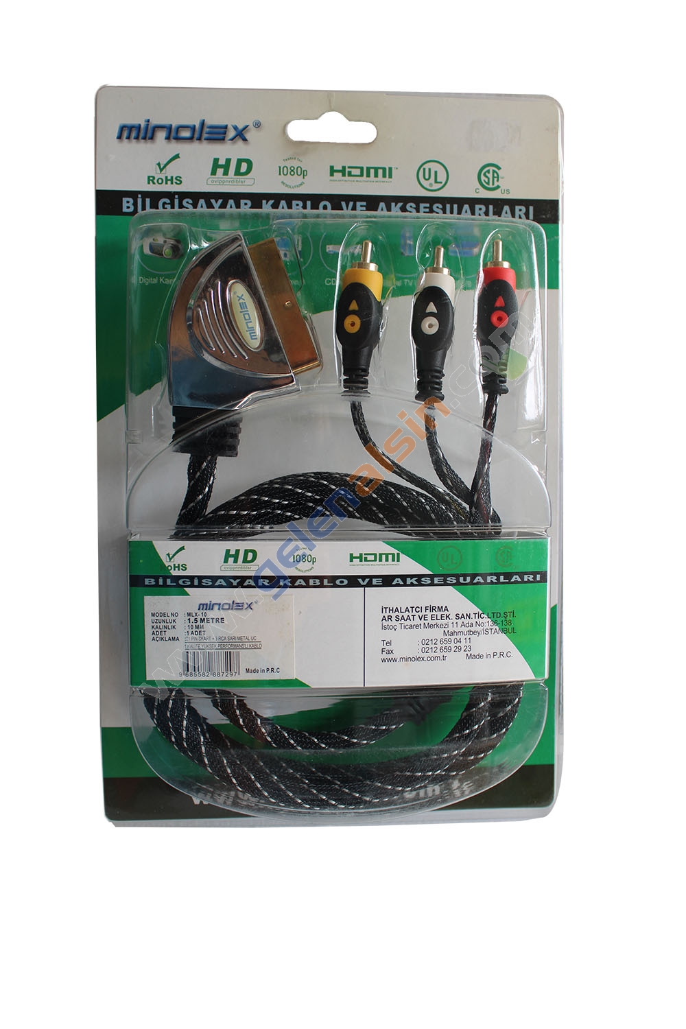 Minolex MLX-10 10MM 21PIN Skart TO 3 RCA 1.5M Sarı Metal Uç Kablo