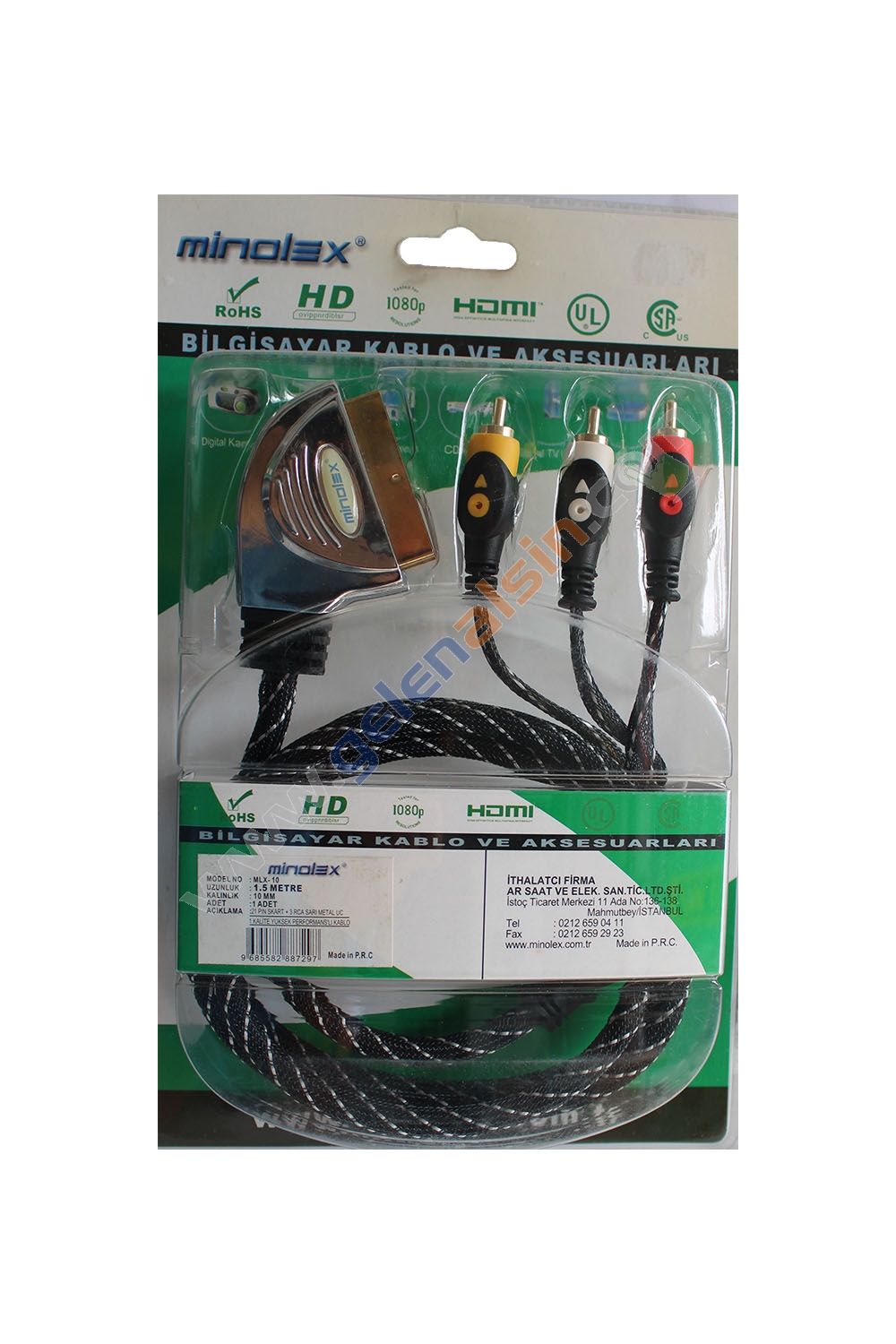 Minolex MLX-10 10MM 21PIN Skart TO 3 RCA 1.5M Sarı Metal Uç Kablo