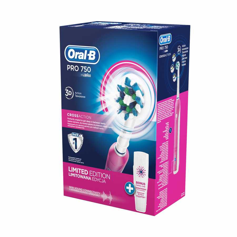 Oral-B Pro 750 Şarj Edilebilir Diş Fırçası Cross Action Pembe (Seyahat Kabı Hediyeli)