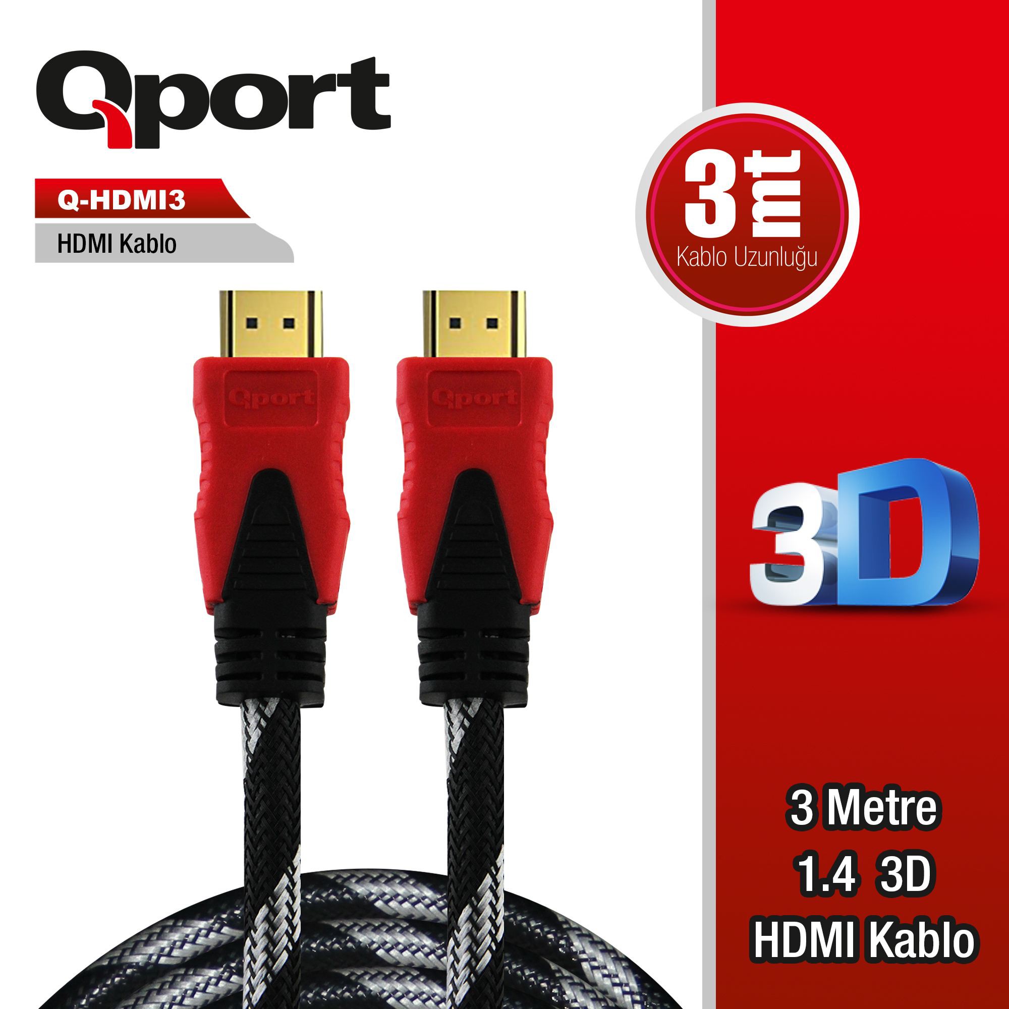 QPORT 3M v1.4 3D Ağ Destekli Altın Uçlu HDMI Görüntü Kablosu